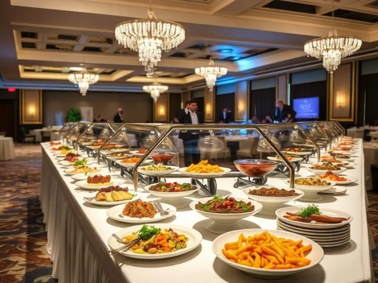 Mesa de buffet de evento com diversos pratos servidos em salão decorado com lustres