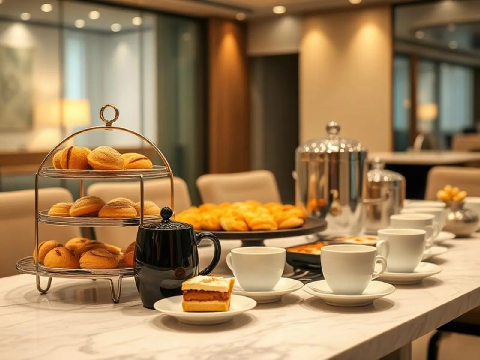 Mesa de coffee break corporativo montada com salgados, bolos e café em ambiente de escritório
