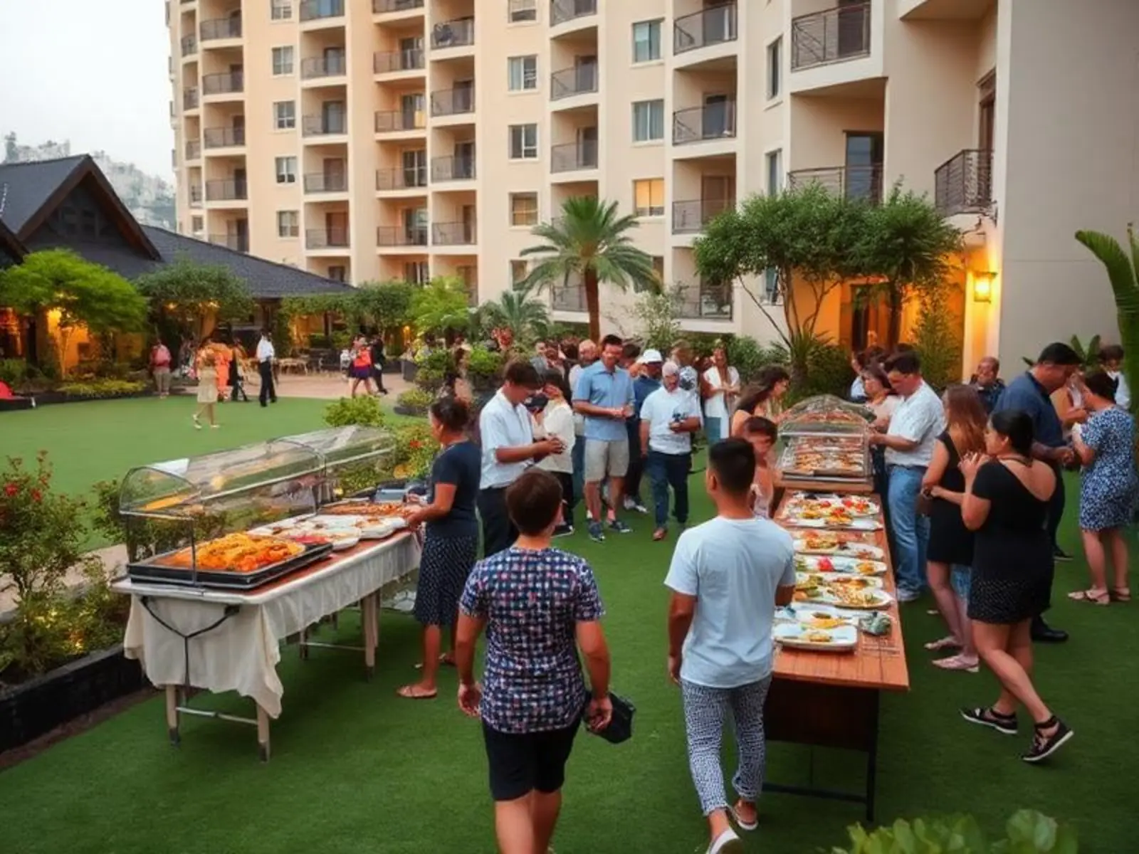 Evento gastronômico ao ar livre em área comum de condomínio, com moradores servindo-se em mesas montadas