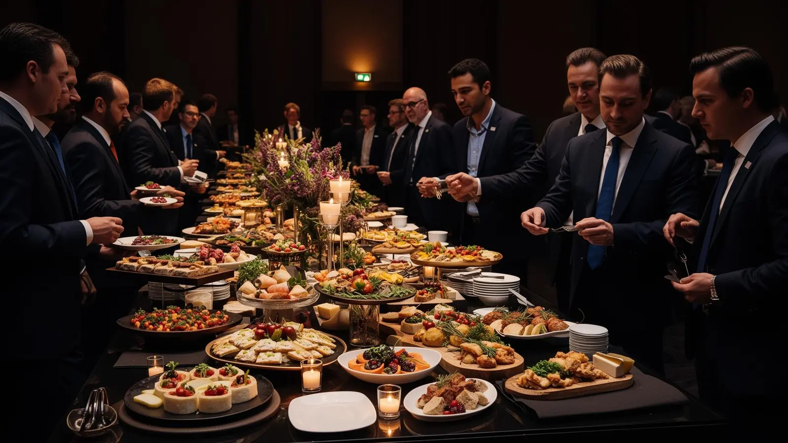 Mesa de buffet montada em evento corporativo, com convidados se servindo em ambiente formal à noite