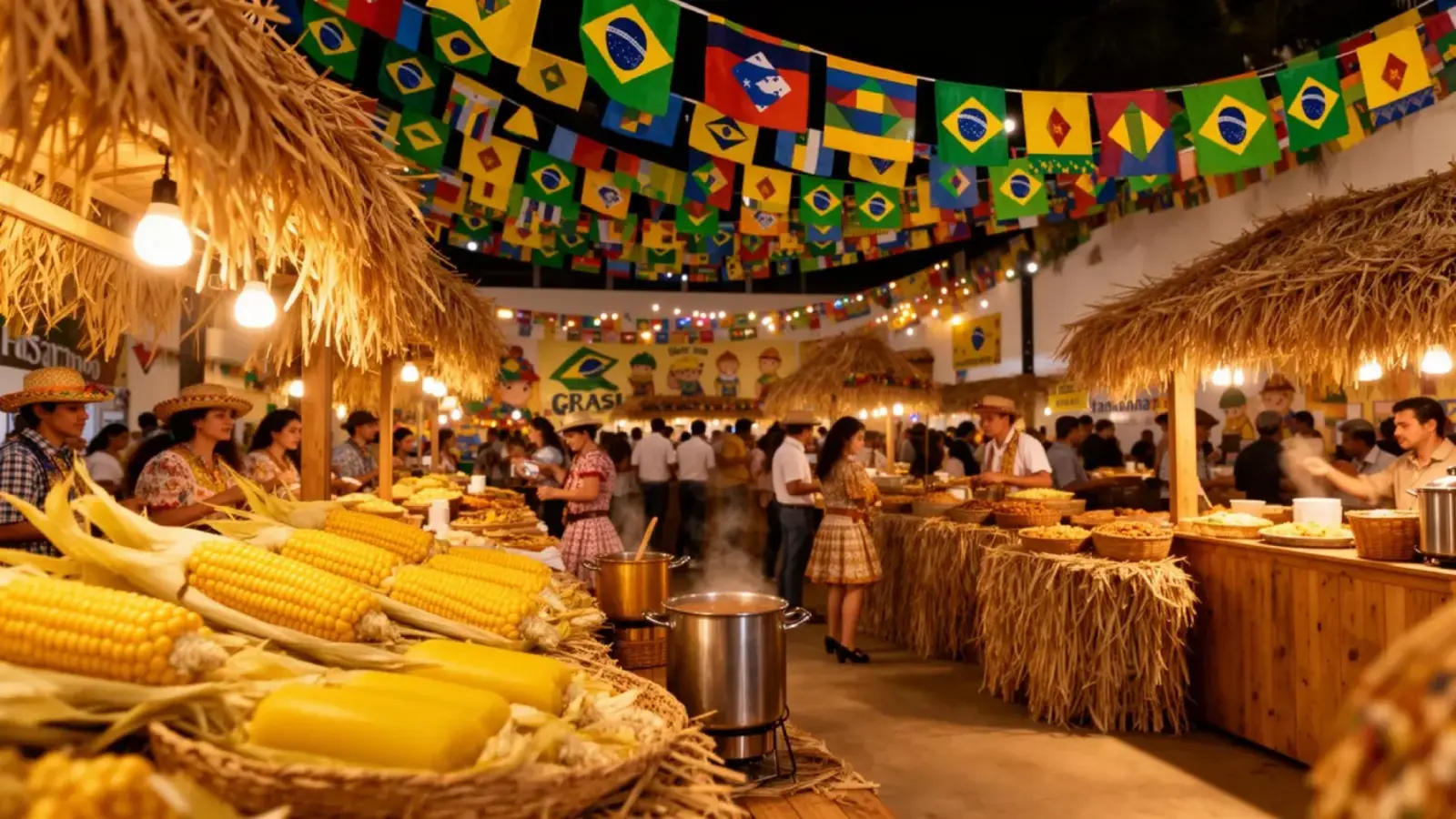 Barracas de festa junina decoradas com bandeirinhas e milho, com pessoas em trajes caipiras servindo comida