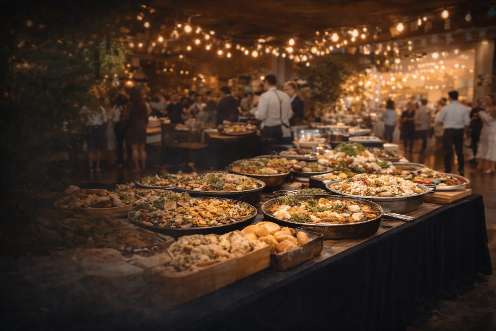 Mesa de buffet ao ar livre em evento noturno com iluminação de varal de luzes